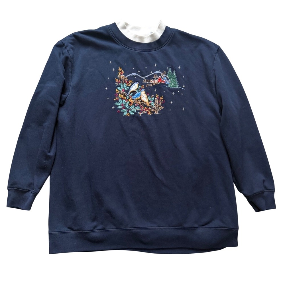 Vintage Bobbie Brooks Navy Blue Bird Scene Mock Neck Sweatshirt Women's Size L